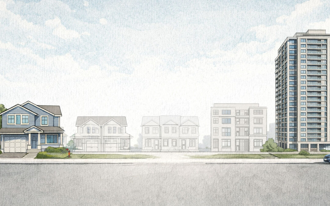 Illustrated streetscape showing a single-family home and a high-rise building with faded ‘missing middle’ housing types like duplexes and townhomes in between.
